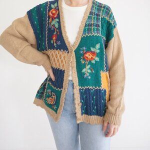 VTG Koret Floral Patchwork Cardigan Grandmacore Cottagecore Eclectic Grandpa L